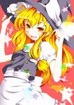  apron bad_id bad_pixiv_id blonde_hair bow chorin dress hair_ribbon hands_on_headwear hands_up hat kirisame_marisa long_hair open_mouth orange_eyes ribbon smile solo star touhou witch_hat 