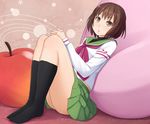  :o apple black_legwear brown_eyes brown_hair food fruit green_skirt kneehighs leaning_back legs legs_together mawaru_penguindrum miniskirt object_namesake oginome_ringo open_mouth peach pinkwaters pleated_skirt school_uniform serafuku short_hair sitting skirt solo 