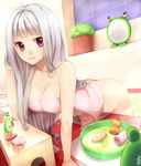  bathtub bent_over breasts cleavage highres idolmaster idolmaster_(classic) large_breasts long_hair meiko_(puua) mirror naked_towel red_eyes shampoo shijou_takane silver_hair smile solo towel 