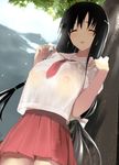  :p areolae bad_id bad_pixiv_id black_hair blush breasts closed_eyes covered_nipples day from_below iwato_kasumi large_breasts long_hair miniskirt nipples no_bra no_panties outdoors pleated_skirt red_skirt saki school_uniform see-through serafuku skirt smile solo tongue tongue_out tree uiui_(umegayu) under_tree wet wet_clothes 