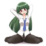  black_legwear blush breasts cleavage crotch_seam feet glasses goriate green_hair long_hair medium_breasts necktie open_mouth pani_poni_dash! panties panties_under_pantyhose pantyhose red_eyes school_uniform simple_background solo tachibana_rei underwear 