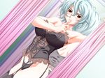  blue_hair blush breasts bustier dutch_angle game_cg garters gentle_sasaki indoors kurosawa_hitomi large_breasts lingerie mirror mole mole_under_eye only_one_2_~bijin_casino_dealer_hitomi~ red_eyes reflection simple_background solo underwear 