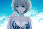  bikini_top blonde_hair blue_eyes breasts cleavage cloud light_smile medium_breasts off_shoulder open_clothes open_shirt original shirt short_hair sky solo uno_(colorbox) wet 