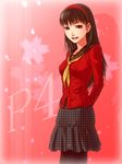  amagi_yukiko arms_behind_back black_eyes black_hair black_legwear black_skirt checkered checkered_skirt hairband long_hair miniskirt nukadzuke open_mouth pantyhose persona persona_4 pleated_skirt school_uniform skirt smile solo 