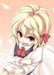  arm_grab bad_id bad_pixiv_id blonde_hair fangs from_above looking_at_viewer open_mouth red_eyes ribbon rumia shamo_(koumakantv) short_hair slit_pupils solo touhou 