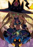  bare_shoulders breasts glowing glowing_eyes green_eyes grin harada_takehito hat hyakkihei large_breasts long_hair majo_to_hyakkihei metallica_(majo_to_hyakkihei) official_art runes smile solo witch_hat 