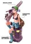  armored_core armored_core_3 backpack bad_id bad_pixiv_id bag bike_shorts black_bra blue_eyes blue_hair boots bra clothes_around_waist gun hair_bobbles hair_ornament highres huge_weapon jack-o jacket_around_waist kawashiro_nitori key kurione_(zassou) lingerie necktie short_hair sitting solo sports_bra touhou two_side_up underwear watch weapon wristwatch yaranaika 