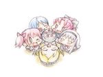  ^_^ akemi_homura baku_taso black_hair blonde_hair blue_hair blush_stickers cake closed_eyes drill_hair fang food fruit hair_ornament hair_ribbon hairband hairclip kaname_madoka long_hair mahou_shoujo_madoka_magica miki_sayaka multiple_girls one_eye_closed open_mouth pink_hair red_eyes red_hair ribbon sakura_kyouko short_hair smile strawberry tomoe_mami twin_drills twintails 