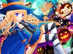  blush boots bow broom broom_riding drill_hair grin hair_bow halloween hat jack-o'-lantern kay_(utd) long_hair looking_at_viewer moon multiple_girls o_o open_mouth original pumpkin purple_eyes smile striped striped_legwear thighhighs white_legwear witch_hat 