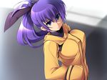 bow breasts hair_bow hands_in_pockets katami_shinta large_breasts original ponytail purple_eyes purple_hair solo 