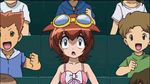  amano_madoka animated animated_gif beyblade bikini brown_hair cap child embarrassed gif goggles innertube lowres public screencap swimsuit thighhighs 