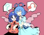  beret black_skirt blue_eyes blue_hair blush closed_eyes dress eiyobun hair_ornament hair_rings hair_stick hat jiangshi kaku_seiga miyako_yoshika multiple_girls ofuda open_mouth outstretched_arms shawl short_hair skirt smile star touhou vest zombie_pose 