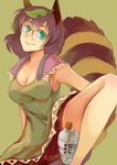  animal_ears bottle brown_hair brown_skirt futatsuiwa_mamizou glasses green_eyes leaf leaf_on_head miniskirt pince-nez print_skirt qiangzi raccoon_ears raccoon_tail short_hair skirt smile solo tail touhou 