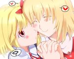  aki_shizuha blonde_hair blush cheek-to-cheek closed_eyes closed_mouth face hair_ornament hands haruichi heart leaf leaf_on_head multiple_girls red_eyes rumia short_hair smile touhou 