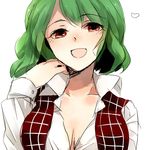  74_(teduka) bad_id bad_pixiv_id breasts cleavage green_hair hair_flip kazami_yuuka large_breasts looking_at_viewer open_clothes open_mouth open_shirt red_eyes shirt short_hair sketch smile solo touhou upper_body 