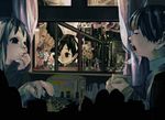  3girls bad_id bad_pixiv_id black_hair board_game chess cup flower gonzales_rocky hand_on_own_chin mug multiple_boys multiple_girls muted_color original pointy_ears short_hair window yawning 