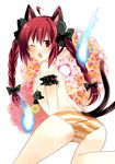  ahoge animal_ears ass back bad_id bad_pixiv_id bow braid cat_ears cat_tail from_behind fujishiro_emyu hair_bow kaenbyou_rin long_hair looking_at_viewer looking_back multiple_tails one_eye_closed panties red_eyes solo striped striped_panties tail topless touhou twin_braids underwear underwear_only 