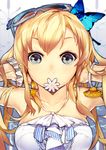  adjusting_hair bare_shoulders blonde_hair blue_eyes boku_wa_tomodachi_ga_sukunai bracelet bug butterfly butterfly_hair_ornament earrings el-zheng eyewear_on_head face flower_in_mouth hair_ornament highres insect jewelry kashiwazaki_sena long_hair mouth_hold solo sunglasses upper_body 