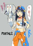  annoyed aperture_science_handheld_portal_device bandages bare_shoulders blue_eyes blue_hair blush box chell clothes_writing frankenturret hand_on_hip jumpsuit kitano_yuusuke long_hair midriff navel open_mouth portal portal_(series) portal_2 slime solo sweat tank_top translated turret_(portal) wet 