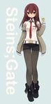  bad_id bad_pixiv_id belt black_legwear blush boots brown_hair dadami full_body grey_background jacket legwear_under_shorts long_hair looking_at_viewer makise_kurisu necktie pantyhose purple_eyes red_neckwear shorts simple_background solo standing steins;gate tears thigh_gap wavy_mouth 