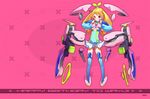  1girl blonde_hair blue_legwear blue_thighhighs breasts drill_hair highres long_hair magical_girl mecha_musume mhk_(mechamania) original panties pantyshot red_eyes skirt smile solo thighhighs twin_drills twintails underboob underwear upskirt very_long_hair wallpaper 