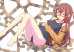  amiesdeli bad_feet barefoot bespectacled blue_eyes breasts brown_hair gears glasses jacket long_hair makise_kurisu one-piece_swimsuit red-framed_eyewear school_swimsuit small_breasts solo steins;gate swimsuit 