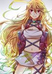  ahoge blonde_hair choker elbow_gloves gloves gradient_hair green_hair kirishino long_hair microskirt midriff milla_maxwell multicolored_hair navel print_skirt red_eyes shirt skirt smile solo strapless tales_of_(series) tales_of_xillia taut_clothes taut_shirt tubetop white_skirt 