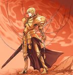  armor blonde_hair chain ea_(fate/stay_night) fate/stay_night fate_(series) gilgamesh male_focus orange_(color) orange_background red_eyes solo 