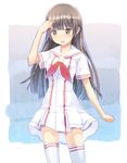  :d blush brown_eyes brown_hair dress hair_tousle long_hair open_mouth original school_uniform serafuku smile solo standing thighhighs tougetsu_gou white_legwear 