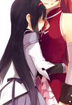  akemi_homura bare_shoulders black_hair blood blush closed_eyes fang gem hair_ornament hairband head_out_of_frame hug jing_hu kiss long_hair magical_girl mahou_shoujo_madoka_magica miniskirt multiple_girls open_mouth pleated_skirt ponytail purple_skirt red_hair sakura_kyouko skirt soul_gem yuri 