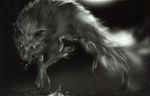  great_grey_wolf_sif highres monochrome no_humans official_art scan souls_(from_software) water wolf 