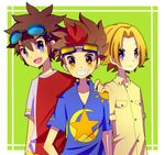  akashi_tagiru amano_yuu_(digimon_xros_wars) bad_id bad_pixiv_id blonde_hair blue_eyes blush brown_hair digimon digimon_xros_wars digimon_xros_wars:_toki_wo_kakeru_shounen_hunter-tachi dress_shirt goggles grin hand_on_shoulder kudou_taiki male_focus multicolored_hair multiple_boys open_mouth purple_eyes red_hair ruka192 shirt simple_background smile spiked_hair standing t-shirt two-tone_hair v-neck yellow_eyes 