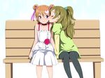  alternate_hairstyle black_legwear blue_eyes blush brown_hair choker closed_eyes half_updo heart highres houjou_hibiki kiss long_hair minamino_kanade multiple_girls pantyhose precure shin'ya_(shin'yanchi) simple_background sitting suite_precure wavy_mouth yuri 