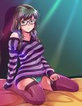  braid breasts e20 garter_straps glasses green_eyes hair_over_shoulder houzumi_kaede kneeling looking_at_viewer medium_breasts off_shoulder original panties smile solo striped sweater thighhighs twin_braids underwear 