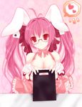  animal_ears antenna_hair bare_shoulders bespectacled blush breasts bunny_ears choker cleavage clipboard di_gi_charat dice_hair_ornament frills glasses hair_ornament heart highres lace lace-trimmed_skirt large_breasts long_hair looking_at_viewer miniskirt pink_hair pink_skirt rara419 red_eyes ribbon_choker skirt smile solo spoken_heart twintails usada_hikaru 