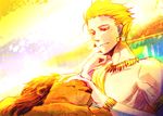  animal aonome blonde_hair earrings fate/zero fate_(series) gilgamesh jewelry lion male_focus red_eyes solo toga 