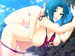  1girl akatsuki_works_hibiki beach bikini blue_hair blush breasts from_behind game_cg highres hug iizuki_tasuku kurokawa_sera lovely_x_cation red_bikini sex short_hair swimsuit 