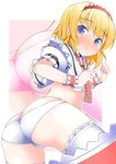  alice_margatroid ass blonde_hair blue_eyes blush breasts capelet flat_chest hairband no_pants panties shishigami_(sunagimo) short_hair small_breasts solo thighhighs touhou underboob underwear white_legwear white_panties wrist_cuffs 
