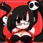  black_hair blazblue breasts cleavage glasses lao_jiu litchi_faye_ling long_hair medium_breasts one_eye_closed red_eyes shirogane_(platinum) side_ponytail smile solo yin_yang 