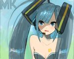  aon0 aqua_eyes aqua_hair bad_id bad_pixiv_id bare_shoulders hair_ornament hatsune_miku headset long_hair solo tattoo twintails vocaloid 