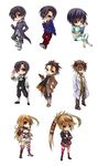  2boys ahoge alternate_costume alternate_hairstyle alvin_(tales) argent-ag bespectacled black_hair blazer blonde_hair boots brown_eyes brown_hair chibi choker cravat crossed_legs elbow_gloves formal full_body glasses gloves green_hair hair_ornament hairclip hand_on_hip hands_in_pockets highres image_sample jacket jude_mathis knee_boots kneehighs labcoat long_hair md5_mismatch midriff milla_maxwell multicolored_hair multiple_boys multiple_persona necktie pants pen pink_legwear pixiv_sample red_eyes school_uniform shirt shoes sitting skirt smile strapless suit tales_of_(series) tales_of_xillia taut_clothes taut_shirt tubetop two-tone_hair 