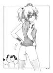  ass border_break breasts character_request covered_nipples dress dress_lift glasses graphite_(medium) greyscale harumachi_nagaaki monochrome no_panties panties panties_removed short_hair small_breasts smile solo tattoo thighhighs traditional_media twintails underwear wristband 