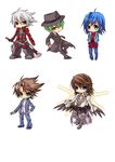  aqua_eyes argent-ag belt black_pants blazblue blue_hair brown_eyes brown_hair card cardfight!!_vanguard character_request chibi full_body gloves green_eyes green_hair hand_on_hip hat hazama heterochromia holding holding_card jacket kai_toshiki male_focus multiple_boys one_eye_closed pants ragna_the_bloodedge red_eyes sendou_aichi shirt smile spiked_hair sword weapon white_background white_hair 