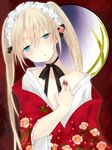  blonde_hair blood blue_eyes blush crossdressing highres japanese_clothes kimono long_hair maid_headdress male male_focus off_shoulder open_mouth original trap twintails xevex 