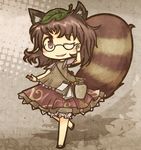  akihiyo alcohol animal_ears bloomers blush bracelet brown_eyes brown_hair dress futatsuiwa_mamizou glasses jewelry leaf leaf_on_head notebook notepad one_eye_closed open_mouth raccoon_ears raccoon_tail sake sandals smile solo tail touhou underwear 