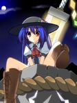  bad_id bad_pixiv_id blue_hair boots ebiebiebio hat hinanawi_tenshi long_hair moonlight red_eyes solo spread_legs sword sword_of_hisou touhou weapon 