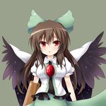  arm_cannon bad_id bad_pixiv_id black_wings bow brown_hair cape cyanomirahi green_skirt hair_bow highres long_hair open_mouth red_eyes reiuji_utsuho shirt skirt solo space star_(sky) tears third_eye touhou weapon wings 
