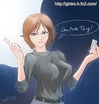  2011 bad_id bad_pixiv_id blue_eyes breasts brown_hair dated digital_media_player genderswap genderswap_(mtf) ginko_(silver_fox) impossible_clothes impossible_shirt ipod large_breasts pointing real_life shirt short_hair smile solo steve_jobs watermark web_address 