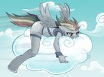  anthro anthrofied clothed clothing cloud clouds equine female flying friendship_is_magic grey grey_body hair hooves long_hair lying mammal multi-colored_hair my_little_pony pegasus rainbow_dash_(mlp) rainbow_hair shadowill shorts sky smile solo stomach tail wings 