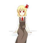  black_skirt blonde_hair hair_ribbon kuze long_skirt long_sleeves necktie red_eyes ribbon rumia short_hair simple_background sitting skirt smile solo touhou 